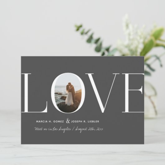 Liefde donkergrijs foto save the date (Staand voorkant)