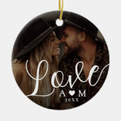 Liefde Elegant Script Hart Monogram Twee Foto Keramisch Ornament (Voorkant)