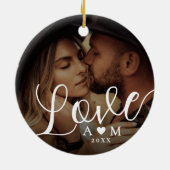 Liefde Elegant Script Hart Monogram Twee Foto Keramisch Ornament (Achterkant)
