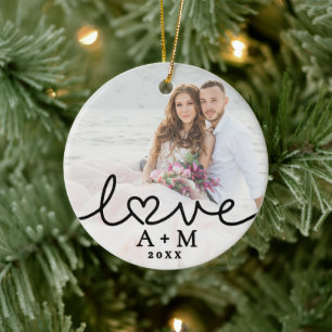 Liefde Elegant Script Hart Twee Foto's Keramisch Ornament