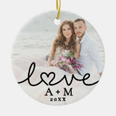 Liefde Elegant Script Hart Twee Foto's Keramisch Ornament (Voorkant)