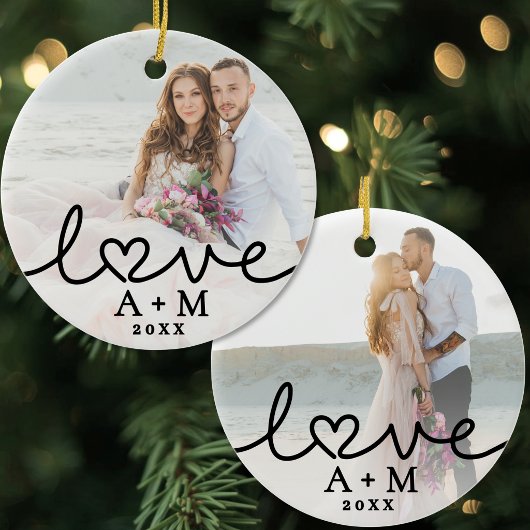 Liefde Elegant Script Hart Twee Foto's Keramisch Ornament