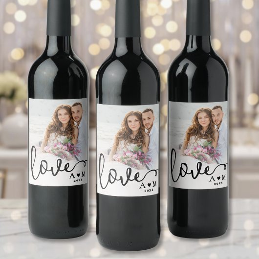 Liefde Elegant Script Koppel Foto Wijn Etiket