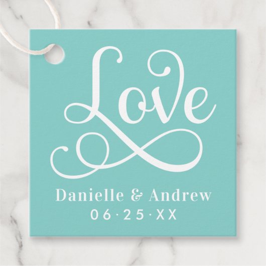 Liefde Elegante Aqua Kalligrafie Bruiloft Monogram Bedankjes Labels (Voorkant)