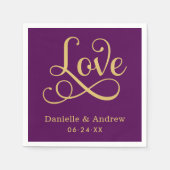 Liefde Elegante Paarse Gouden Kalligrafie Bruiloft Servetten (Voorkant)