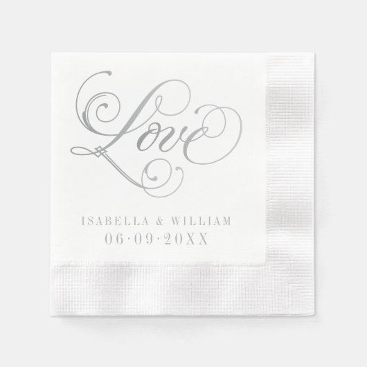 Liefde Elegante Zilveren Kalligrafie Bruiloft Mono Servet (Voorkant)