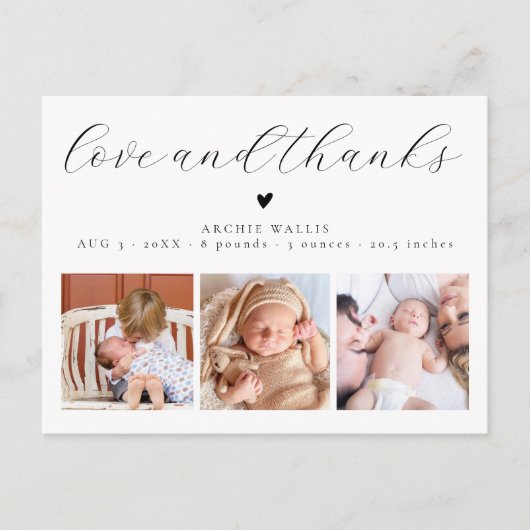 Liefde en Bedankt 3 Baby Foto Geboorte Aankondigin Briefkaart (Voorkant)