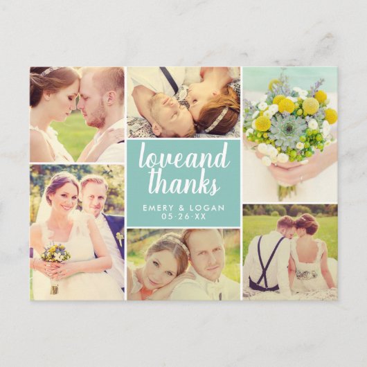 Liefde en Bedankt Aqua Blue Wedding Photo Collage Briefkaart (Voorkant)