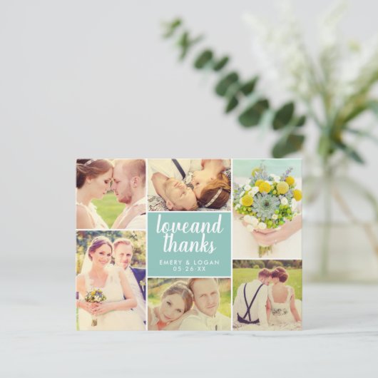 Liefde en Bedankt Aqua Blue Wedding Photo Collage Briefkaart (Staand voorkant)