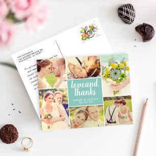 Liefde en Bedankt Aqua Blue Wedding Photo Collage Briefkaart