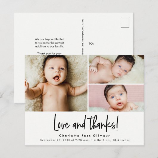 Liefde en bedankt Baby 3 foto's Bedankt Briefkaart (Voorkant / Achterkant)