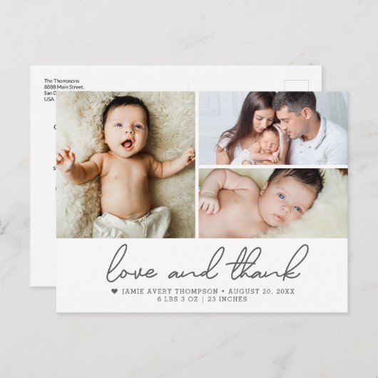Liefde en Bedankt Baby 3 Foto's geboorteaankondigi Briefkaart (Voorkant / Achterkant)