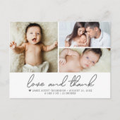 Liefde en Bedankt Baby 3 Foto's geboorteaankondigi Briefkaart (Voorkant)