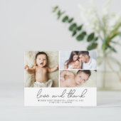 Liefde en Bedankt Baby 3 Foto's geboorteaankondigi Briefkaart (Staand voorkant)