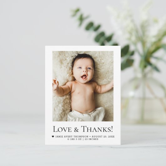 Liefde en Bedankt Baby Foto Geboorteaankondiging Briefkaart (Staand voorkant)