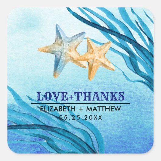 Liefde en Bedankt. Beach Starfish Weddenkers Vierkante Sticker (Voorkant)