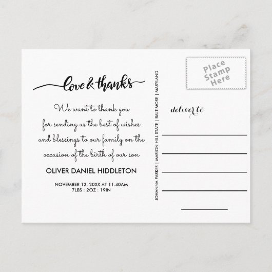 Liefde en Bedankt bij geboorte | Foto Baby Aankondigingskaart (Achterkant)