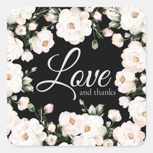 Liefde en Bedankt Black Elegant White Roses Weddin Vierkante Sticker (Voorkant)