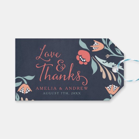 Liefde en Bedankt Blauw Krijtbord Bloemenbruiloft Cadeaulabel (Voorkant (Horizontaal))