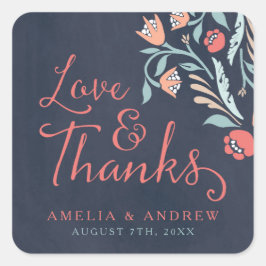 Liefde en Bedankt Blauw Krijtbord Bloemenbruiloft Vierkante Sticker
