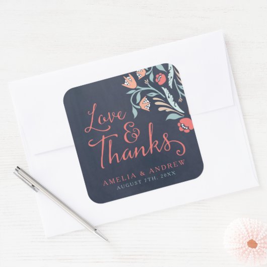 Liefde en Bedankt Blauw Krijtbord Bloemenbruiloft Vierkante Sticker (Envelop)