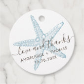 Liefde en Bedankt Blauwe Starfish Beach Wedding Bedankjes Labels (Voorkant)