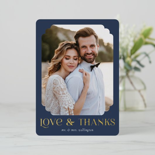 Liefde en Bedankt Blue Gold Weddenschap Hartelijk  Folie Uitnodiging (Staand Voorkant)