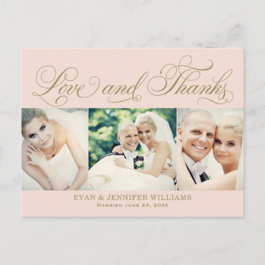 Liefde en Bedankt Blush Gold Foto Bruiloft Dank u Briefkaart (Voorkant)