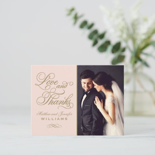 Liefde en Bedankt Blush Gold Foto Bruiloft Dank u Briefkaart (Staand voorkant)