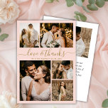 Liefde en Bedankt Blush Photo Collage Wedding<br><div class="desc">Elegant, minimalistisch Script Gold en Blush Wedding 5 Foto Collage Hartelijk dank. Moderne bruiloft bedankt je sjabloon met vijf (5) foto op de voorkant en één (1) foto op de achterkant. Met de tekst "Liefde en bedankt" in een handgeschreven lettertype van typografie met letters in goud op lichtdoorschijnende roze achtergrond....</div>