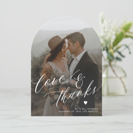 Liefde en bedankt boog foto bruiloft dank je kaart (Staand voorkant)