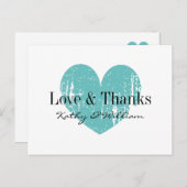 Liefde en bedankt briefkaart met aqua  hart (Voorkant / Achterkant)