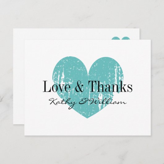 Liefde en bedankt briefkaart met aqua  hart (Voorkant / Achterkant)