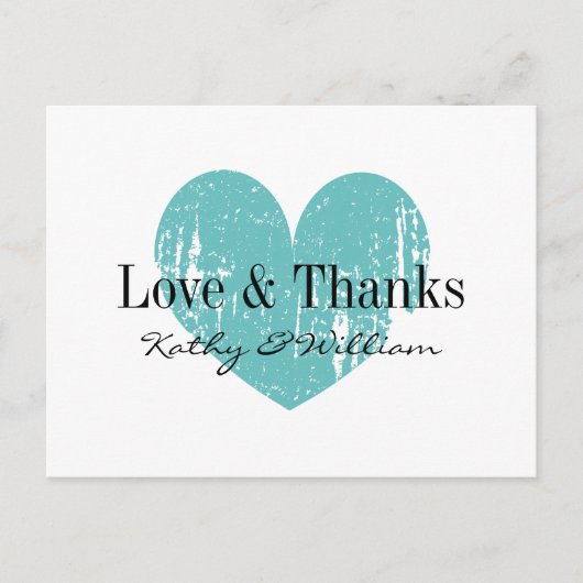 Liefde en bedankt briefkaart met aqua  hart (Voorkant)