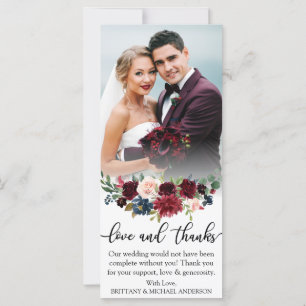 Liefde en Bedankt Burgundy Blue Floral Wedding Car Kaart