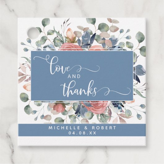 Liefde en Bedankt, Dusty Blue Blissful Floral Bedankjes Labels (Voorkant)