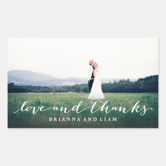 Liefde en Bedankt Eenvoudig script, volledige foto Rechthoekige Sticker (Voorkant)