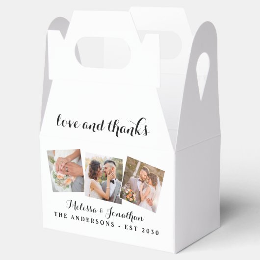 Liefde en Bedankt Elegant 3 Foto Bride Groom Weddi Bedankdoosjes (Geopend)