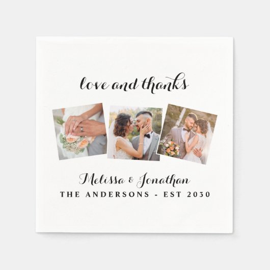 Liefde en Bedankt Elegant 3 Foto Bride Groom Weddi Servet (Voorkant)