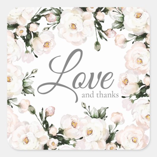 Liefde en Bedankt Elegant White Roses Wedding Vierkante Sticker (Voorkant)