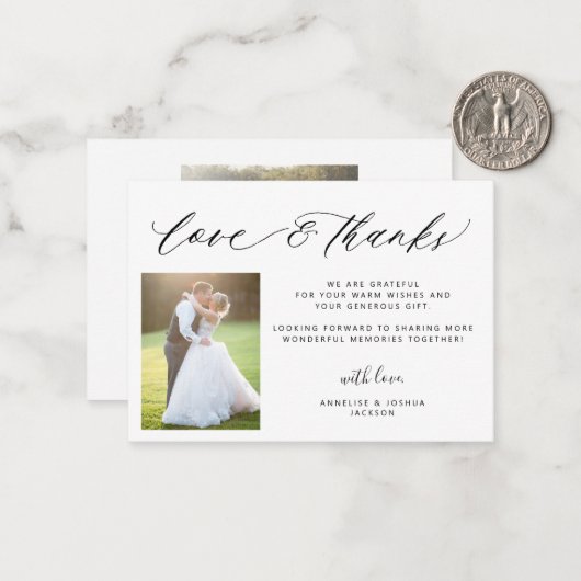 Liefde en bedankt elegante fotobruiloft bedankt notitiekaartje (Voorkant / Achterkant in situ)