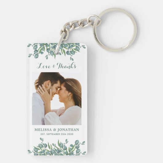 Liefde en Bedankt Eucalyptus Greenery Foto Weddens Sleutelhanger (achterkant)