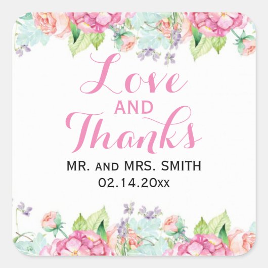 Liefde en Bedankt Floral Waterverf Wedding Sticker (Voorkant)