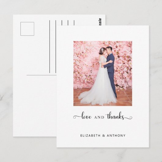 Liefde en Bedankt Foto Elegant Script Chic Wedding Briefkaart (Voorkant / Achterkant)