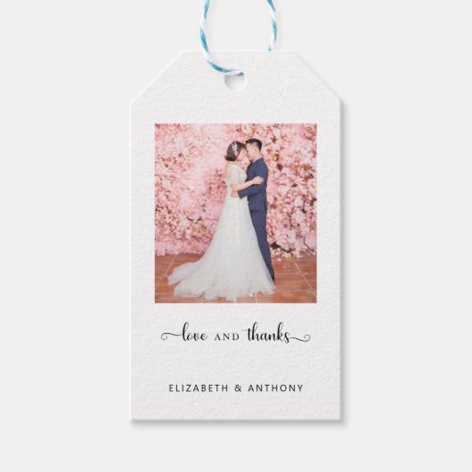 Liefde en Bedankt Foto Elegant Script Chic Wedding Cadeaulabel (Voorkant)