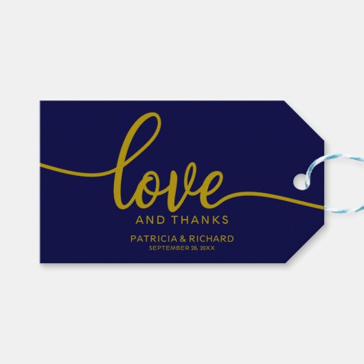 Liefde en Bedankt - Gold Navy Blue Wedding Favor Cadeaulabel (Voorkant (Horizontaal))