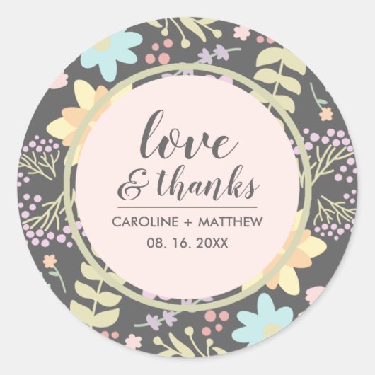 Liefde en Bedankt. Gray Pink Modern Floral Wedding Ronde Sticker (Voorkant)