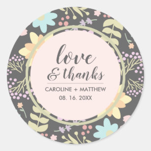 Liefde en Bedankt. Gray Pink Modern Floral Wedding Ronde Sticker