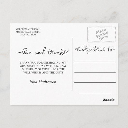 Liefde en Bedankt Handgeschreven Drie Afstuderen f Briefkaart (Achterkant)