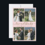 Liefde en Bedankt Manuscript Blush Photo Collage W<br><div class="desc">Elegant, minimalistisch wazig roze en gouden hand geschreven foto collage gepersonaliseerde bruiloft bedankt je kaart. Stijlvolle bruiloft bedankt je sjabloon met vier (4) foto op de voorkant en één (1) foto op de achterkant. Met de tekst "Liefde en bedankt" in een zwiep handgeschreven lettertypefout met lettertype op de tekenstaart in...</div>